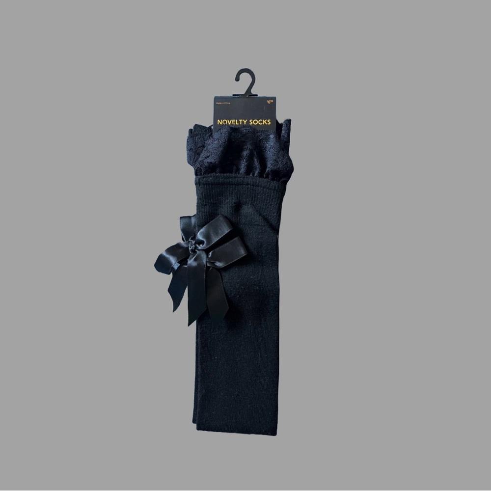 Black knee high socks with lace and ribbon